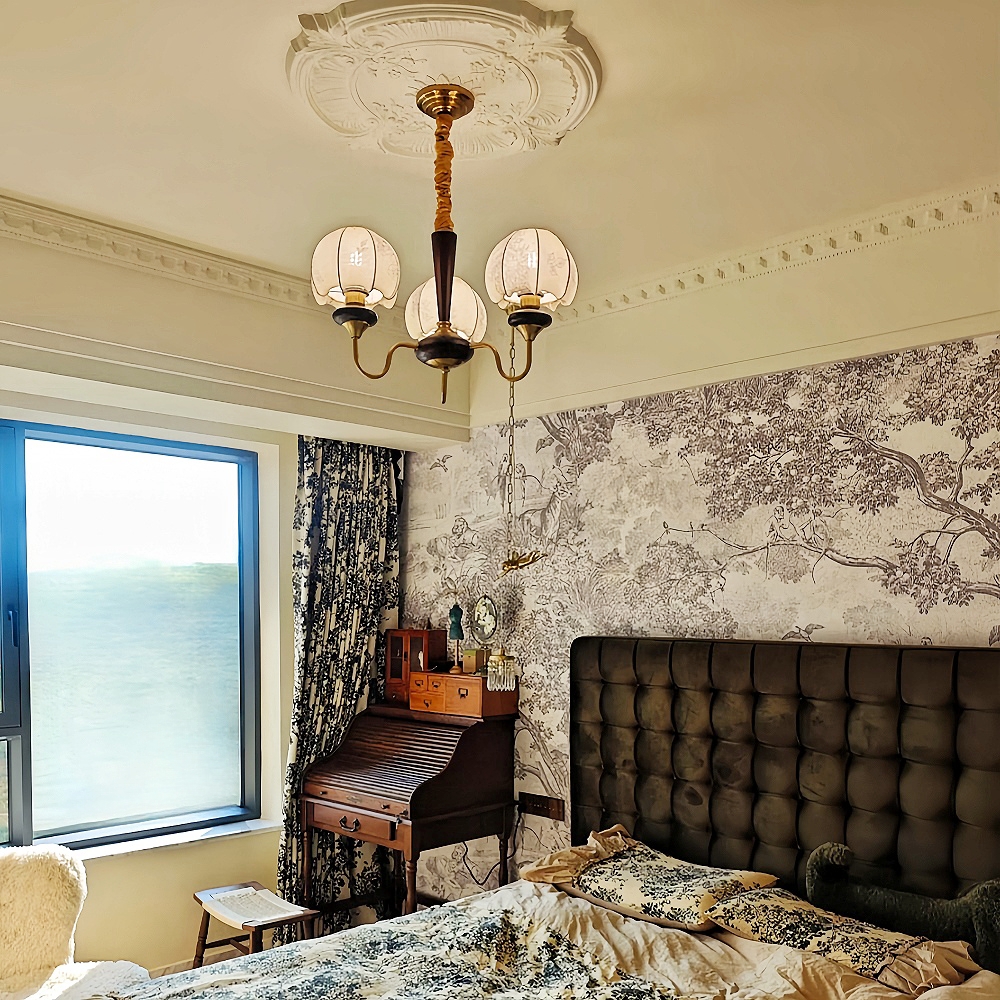 Nanyang Retro Style Fabric Patterned Walnut Multi Headed Pendant Light