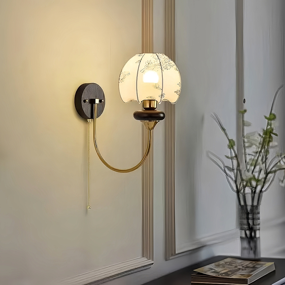 Nanyang Retro Style Fabric Patterned Walnut Multi Headed Pendant Light