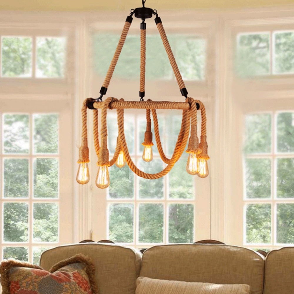 Vintage Industrial Hemp Rope Chandelier Restaurant & Coffee Shop Decor