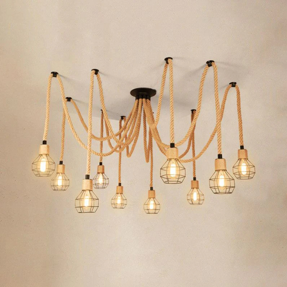 Spherical Cage Rope 6-Lights Brown Pendant Lighting Fixture