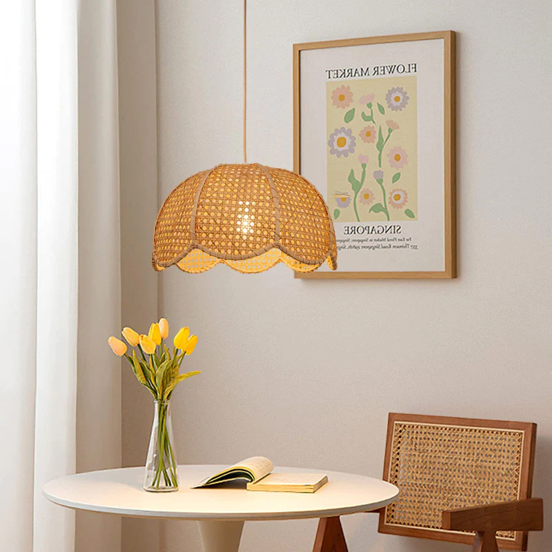 Rattan Scalloped Dome Pendant Lampshade Simplicity Rattan Hanging Chandelier