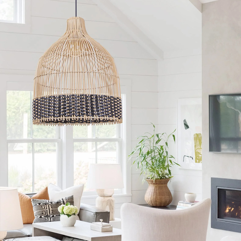 Hand Woven Black Rattan Pendant Lamp Shades Dining Room New Light Fixture