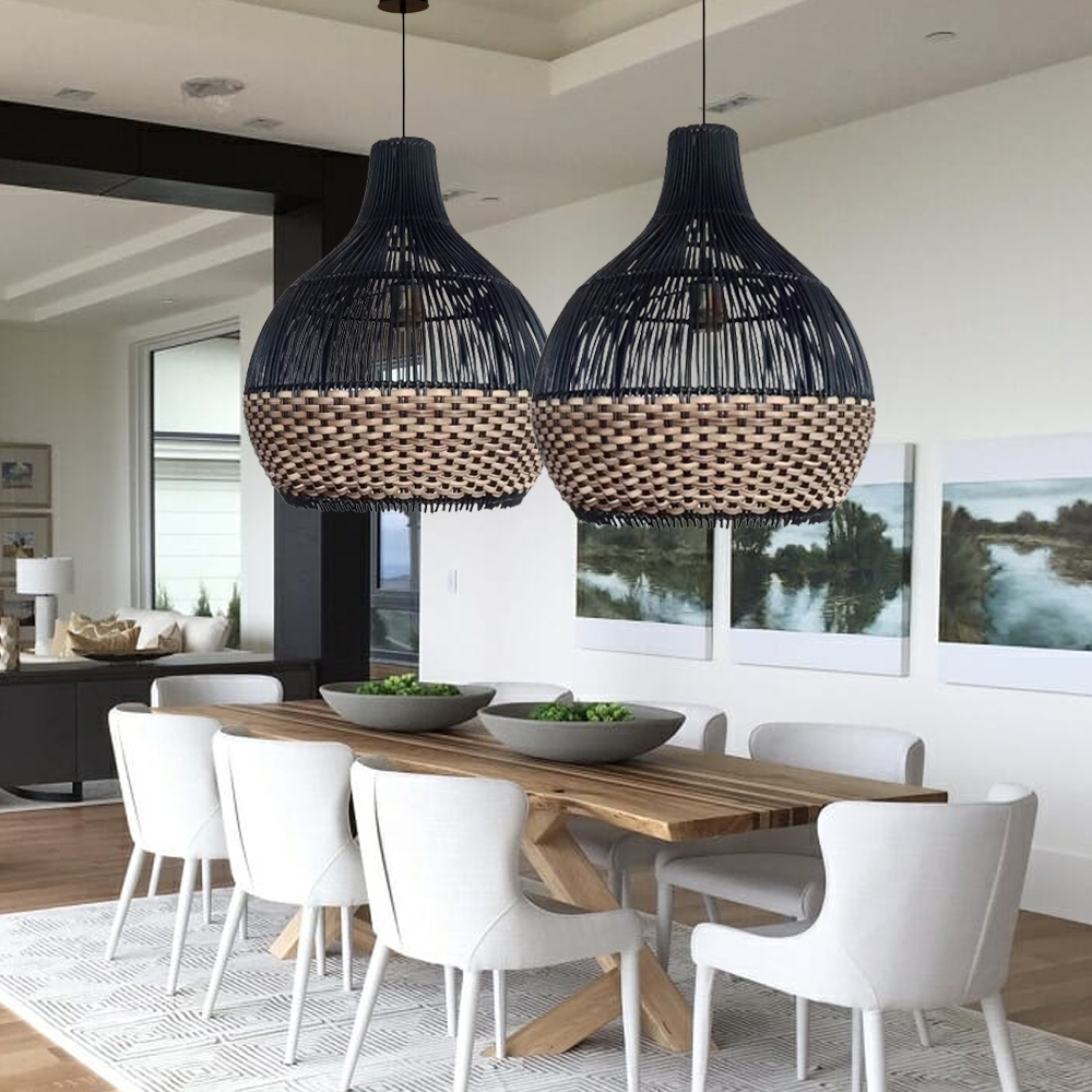 Black Rattan Wicker Chandelier For Kitchen Island Dining Room Living Room Woven Pendant Light Fixture