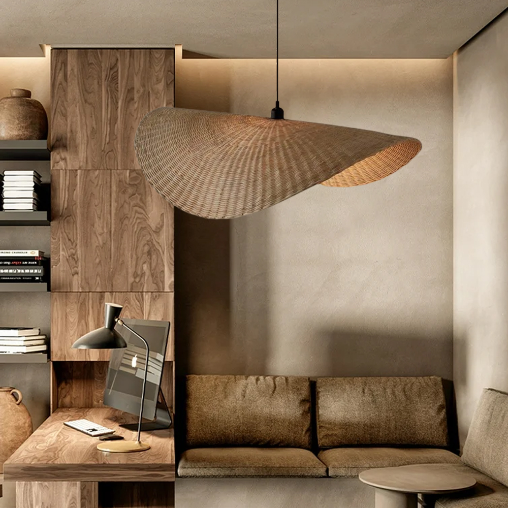 Japanese Rattan Light Pendant Wabi-sabi Retro Straw Hat Chandelier