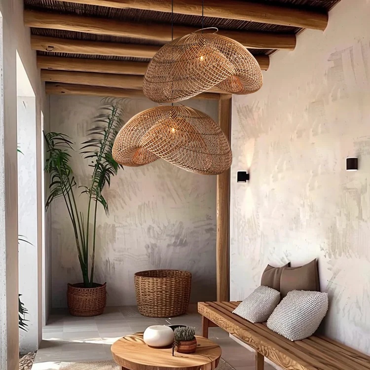 Bohemian Wavy Bamboo Pendant Light Farmhouse Kitchen Island Lighting