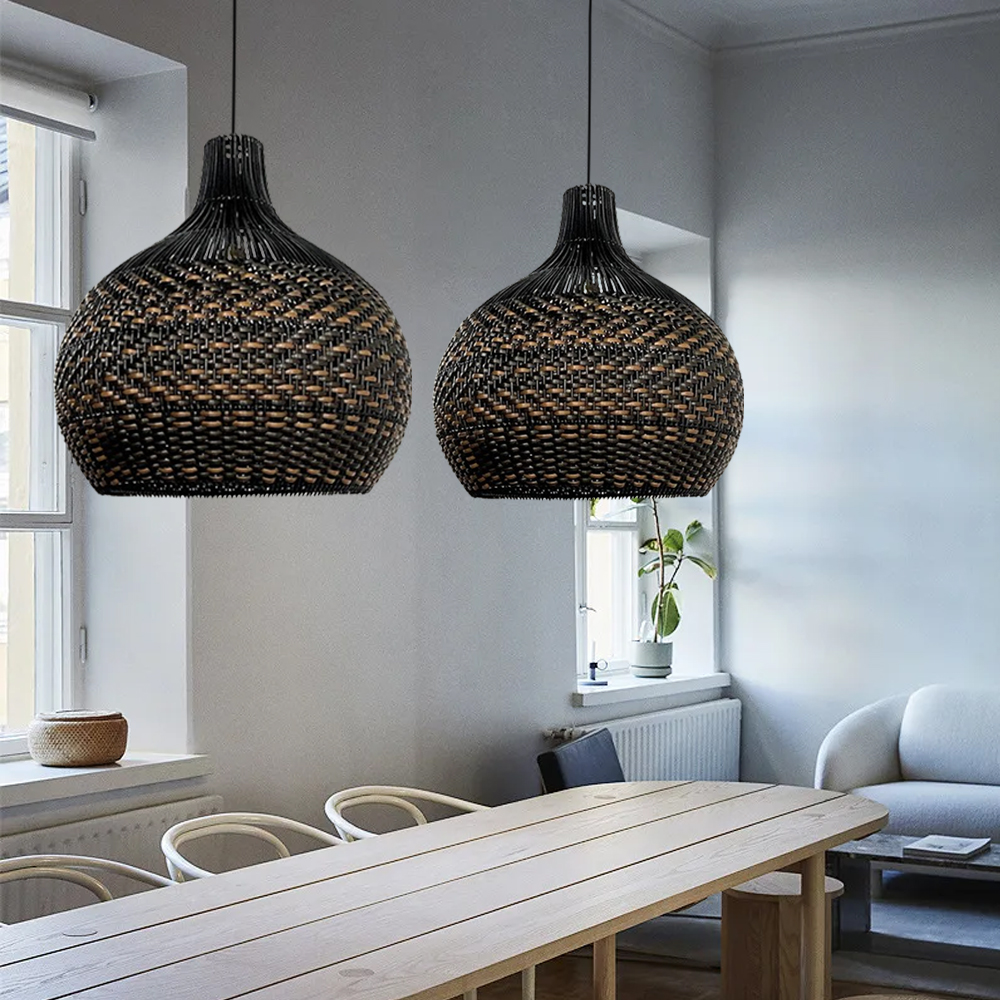 Royal Noble Black Rattan Pendant Light Fixture Dining Room Lampshade