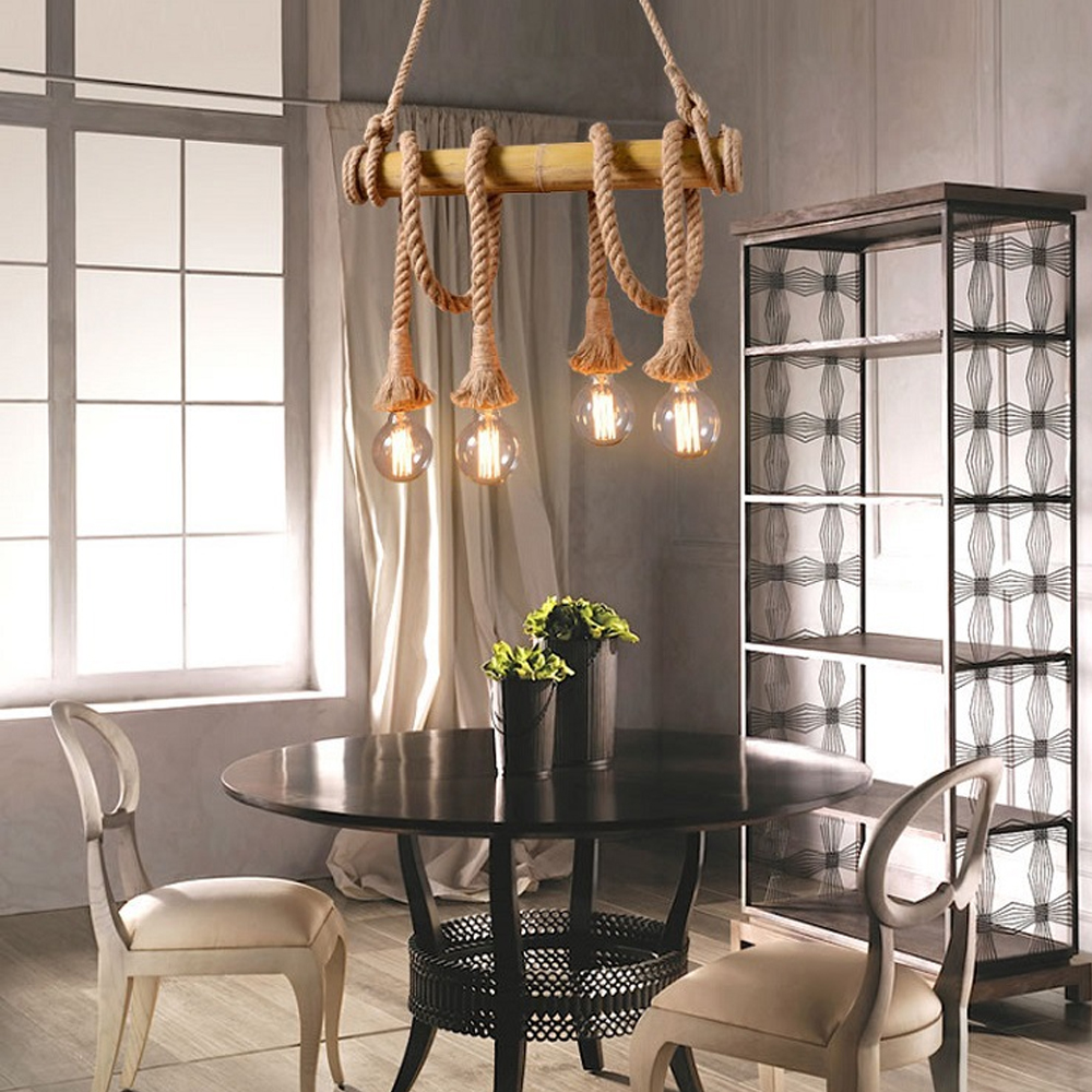 American Retro Bamboo Tube Hemp Rope Chandelier Creative Pendant Light