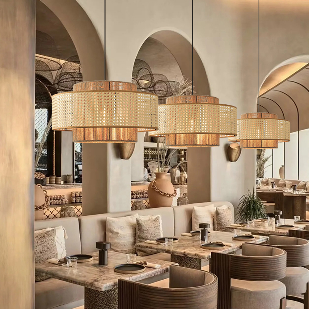 Commercial Restaurant Rattan Pendant Light Fixture Wabi-sabi Rope Woven Lantern Chandelier
