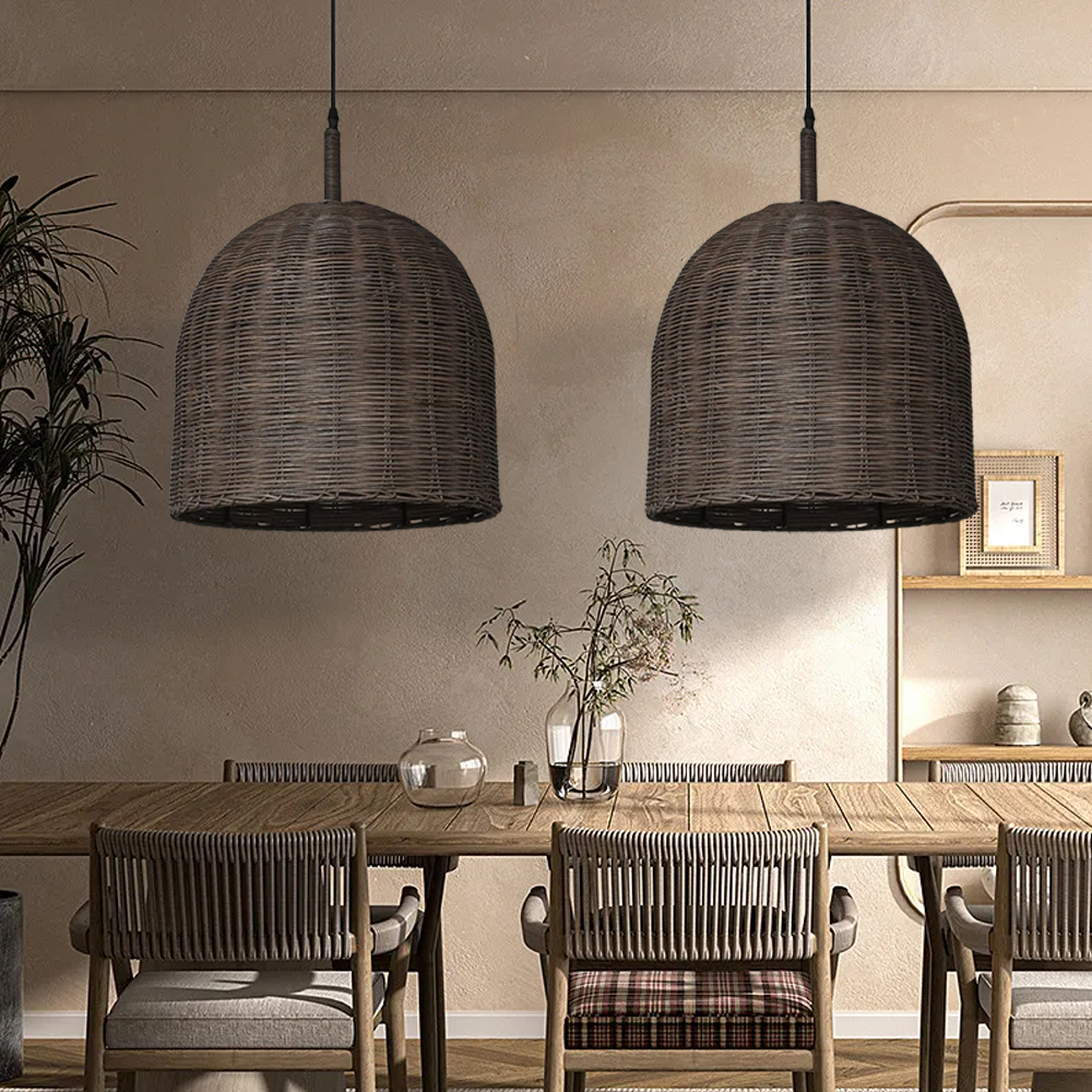 Wabi Sabi Style Dark Rattan Lampshade Retro Pastoral Restaurant Hand-woven Pendant Light