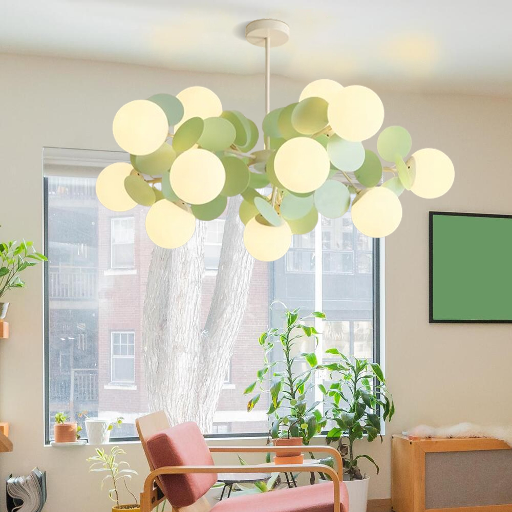 French Cream Style Living Room Glass Pendant Light Modern Green Bubble Chandelier