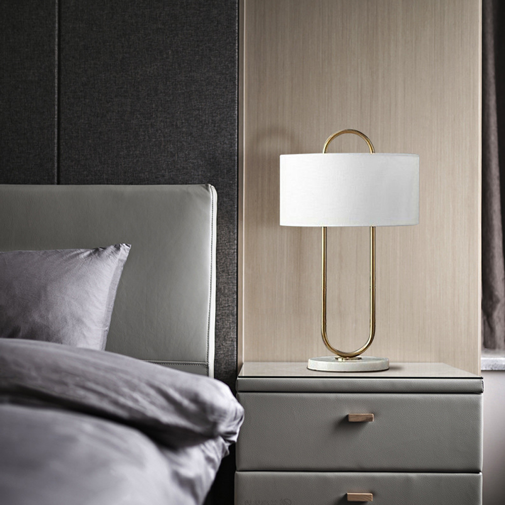 American Simple Marble Fabric Table Lamp White Modern Cozy Bedside Decor Light