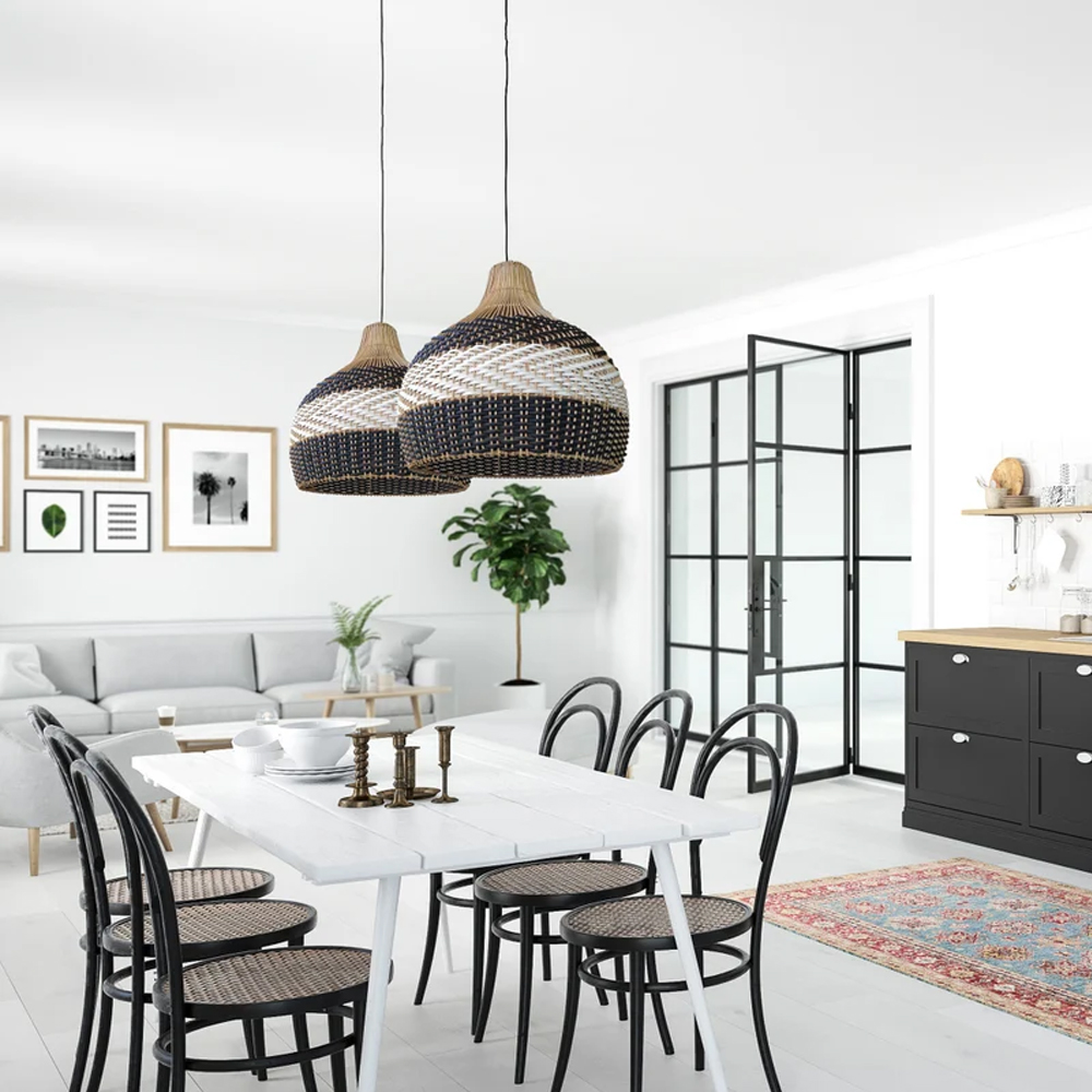 Handwoven Kitchen Island Black White Rattan Pendant Light