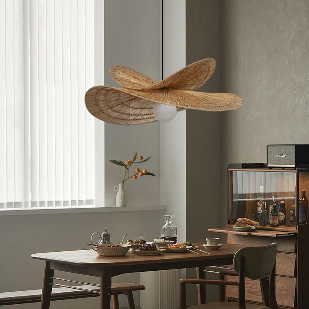 New Chinese Style Retro Rattan Art Double Layered Straw Hat Pendant Light