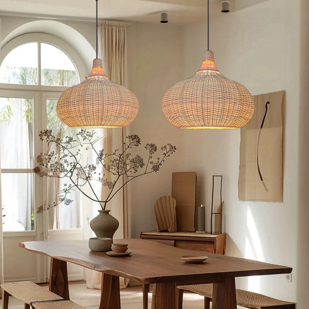 Vintage Handmade Natural  Off-White Rattan Pendant Light