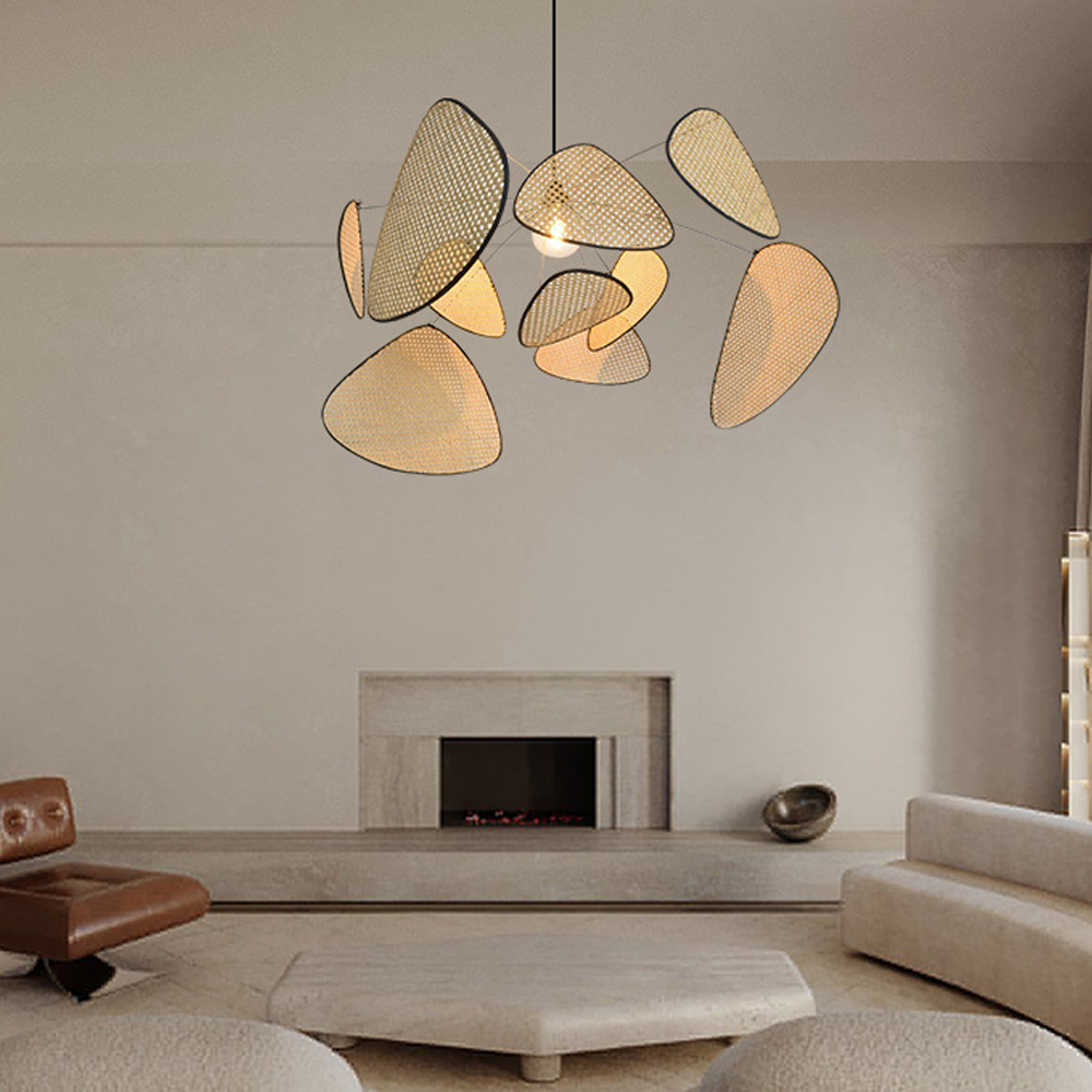 Hollow Fan Blades Combination Rattan Pendant Light Shade For Bedroom Kitchen Island