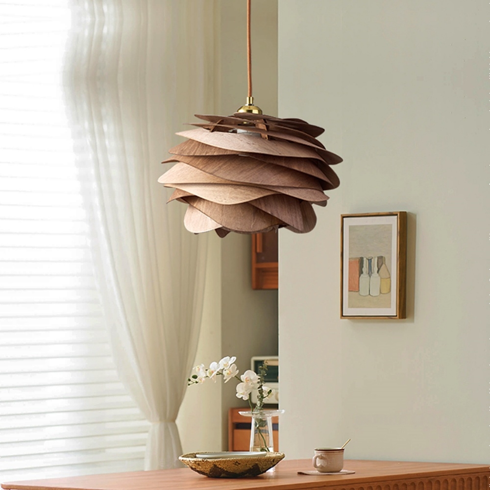 Wabi Sabi Artisanal Retro Rose Shape Solid Wood Pendant Light