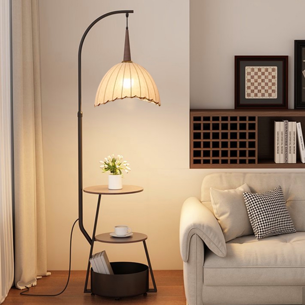 Medieval-Style Living Room Storage Shelf Integrated Floor Lamp