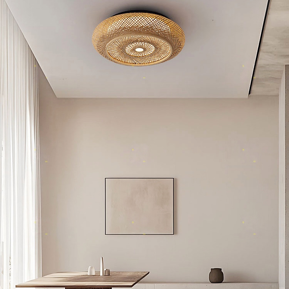 Mid-Century Woven Bamboo Flush Mount Natural Textured Ceiling Lighting