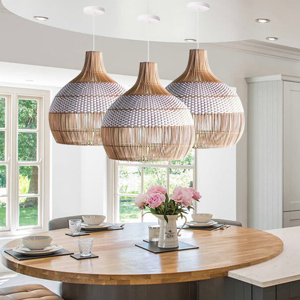 White Handwoven Rattan Pendant Light Woven Lampshade Boho Home Decor
