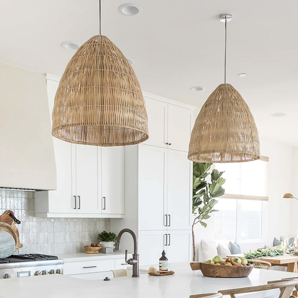 Bohemian kitchen island rattan pendant light bell shaped bedroom bedside lamp