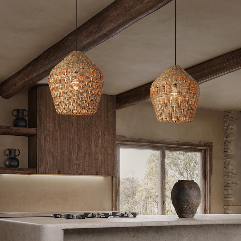 Wabi-sabi Kitchen Island Rattan Pendant Light Retro Grass Chandelier
