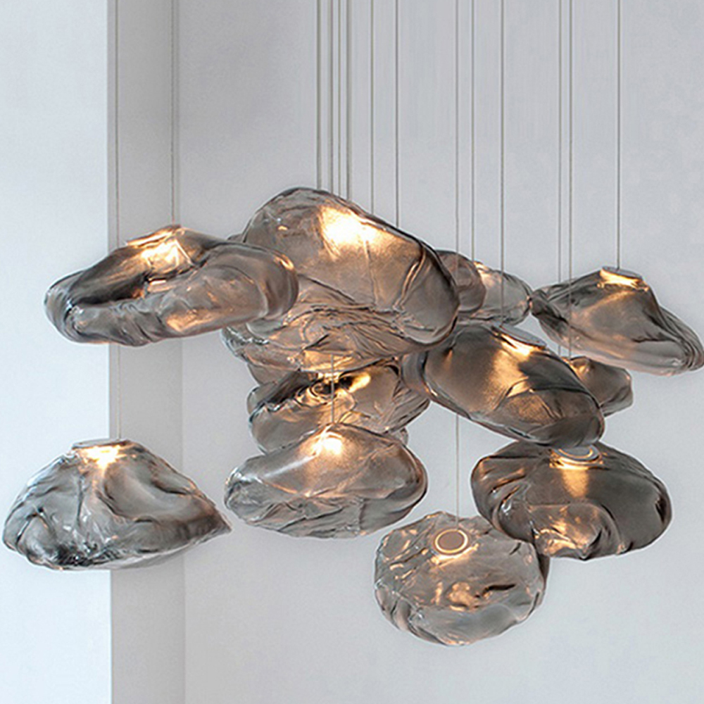 Large space loft staircase chandelier hotel lobby cloud glass long hanging chandelier duplex apartment pendant light