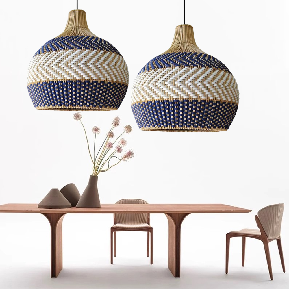 Coastal Charm Blue Chandelier Handwoven Wicker Rattan Pendant Light