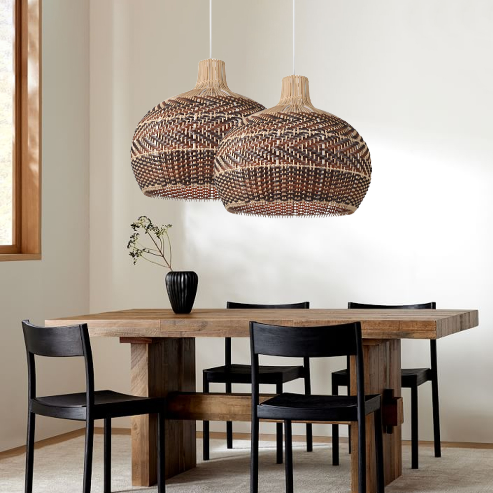 Hand-woven Black And Brown Spliced Rattan Chandelier Herringbone Wicker Pendant light