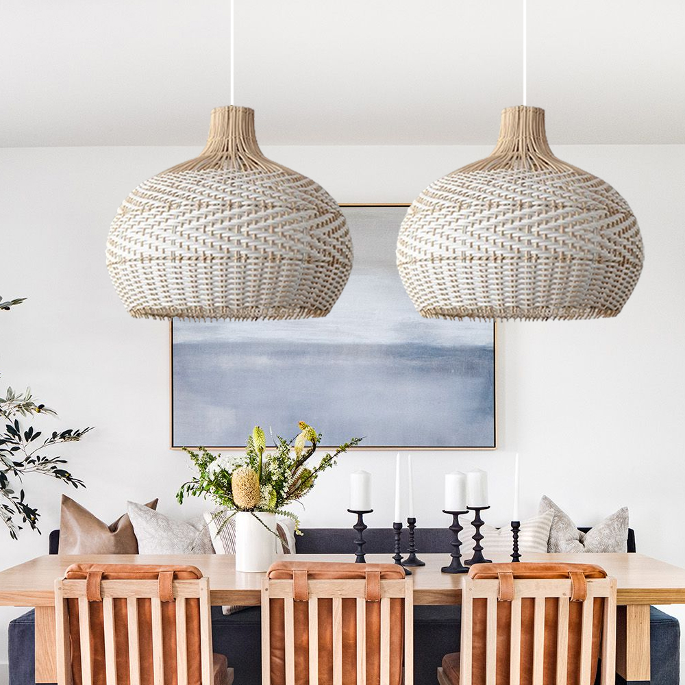 Natural Rustic Rattan Pendant Lampshade White Plastic Strip Hand Weaving Hanging Chandelier