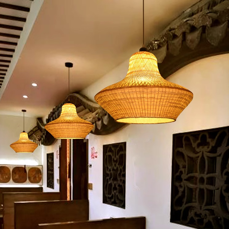 Natural Bamboo Pendant Lighting Hardwired Handmade Lampshade