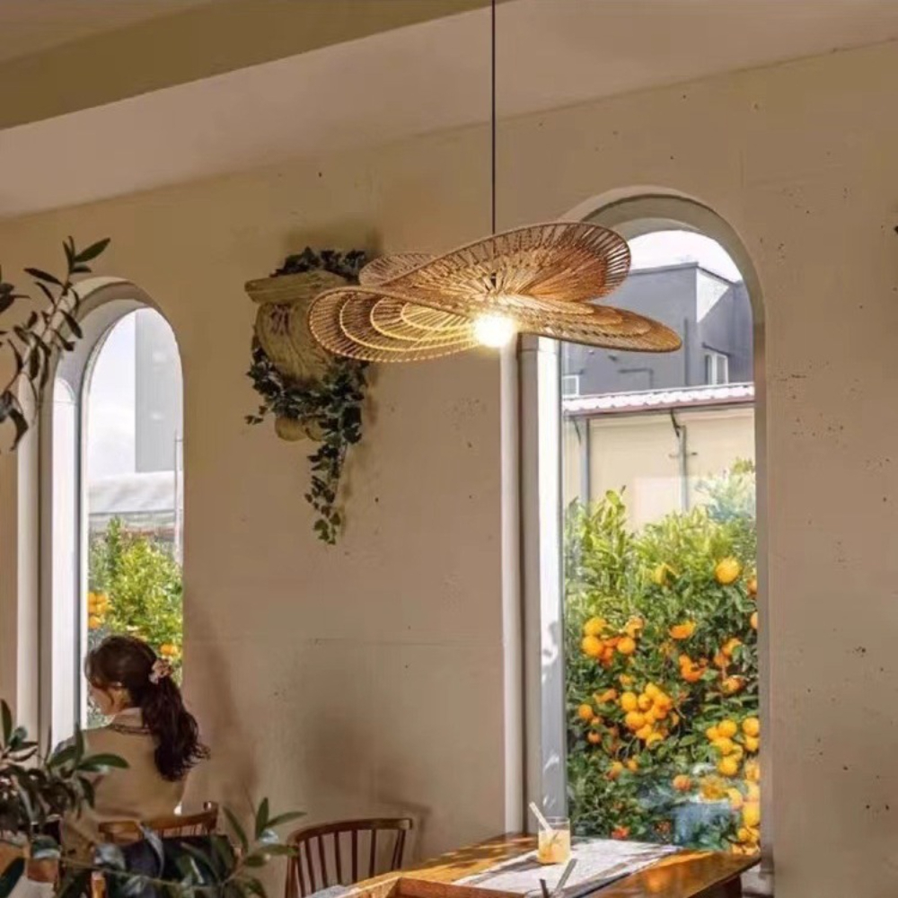 New Chinese Style Retro Rattan Art Double Layered Straw Hat Chandelier