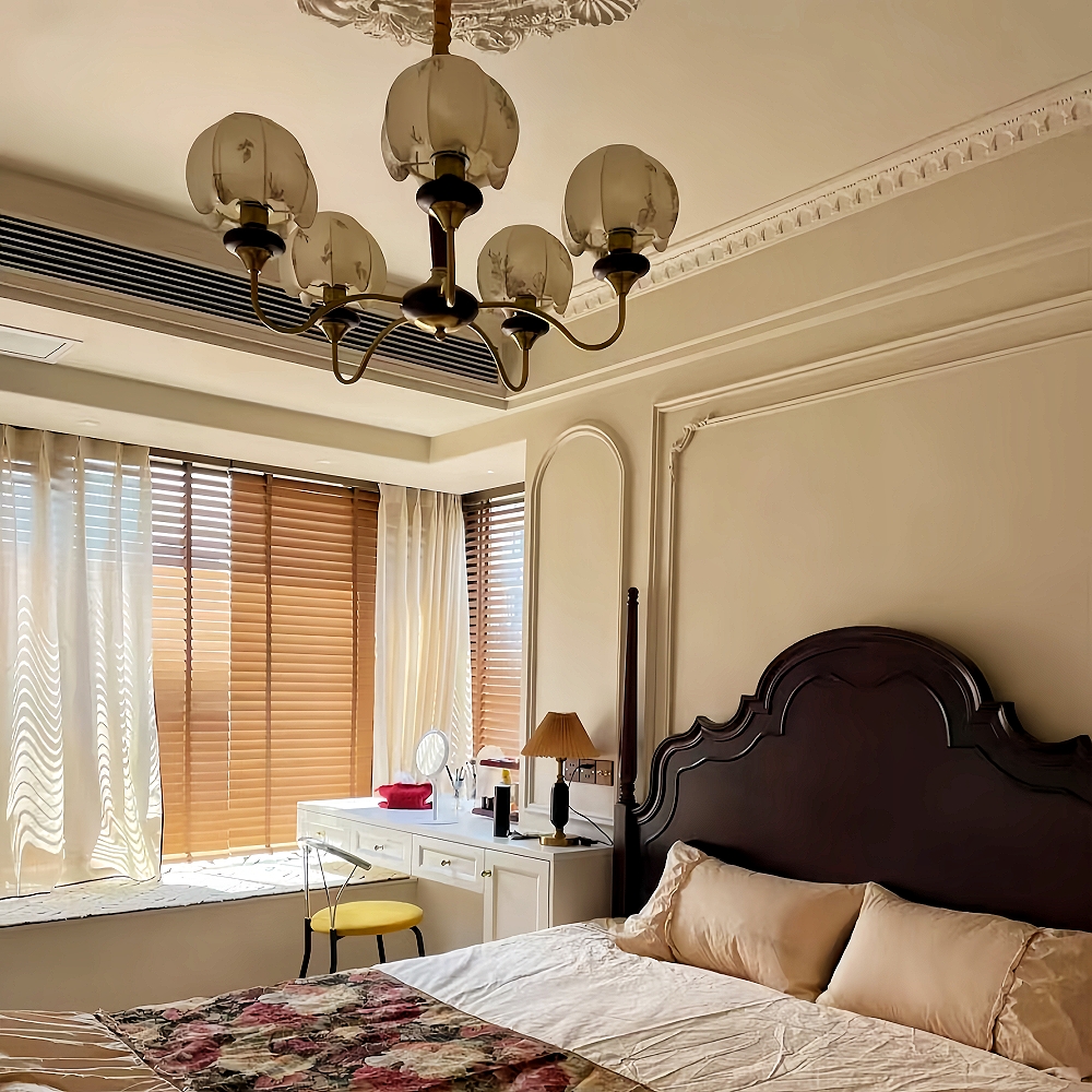 Nanyang Retro Style Fabric Patterned Walnut Multi Headed Pendant Light