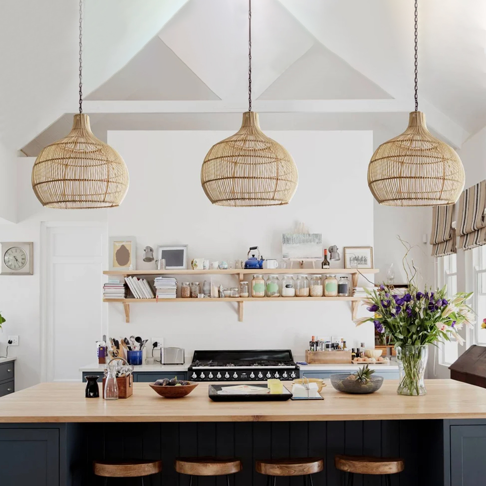 Boho Home Decor Kitchen Island Rattan Bamboo Pendant Light Basket Weave Linear Chandelier