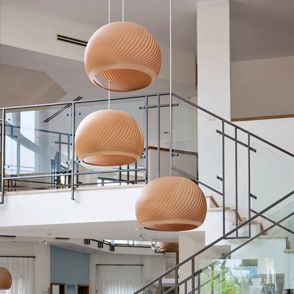 Spiral Wood Veneer Dome Pendant Light