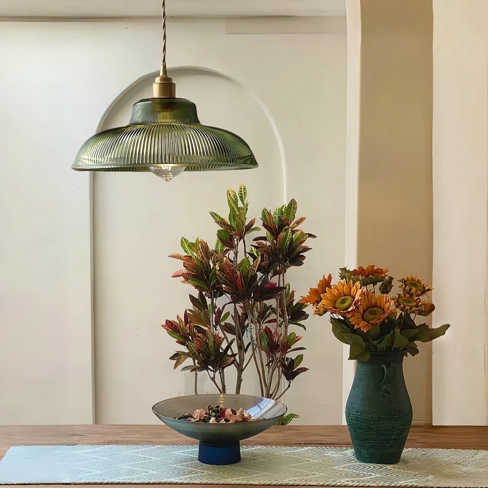 Japanese Retro Brass Glass Green Transparent Pendant Light