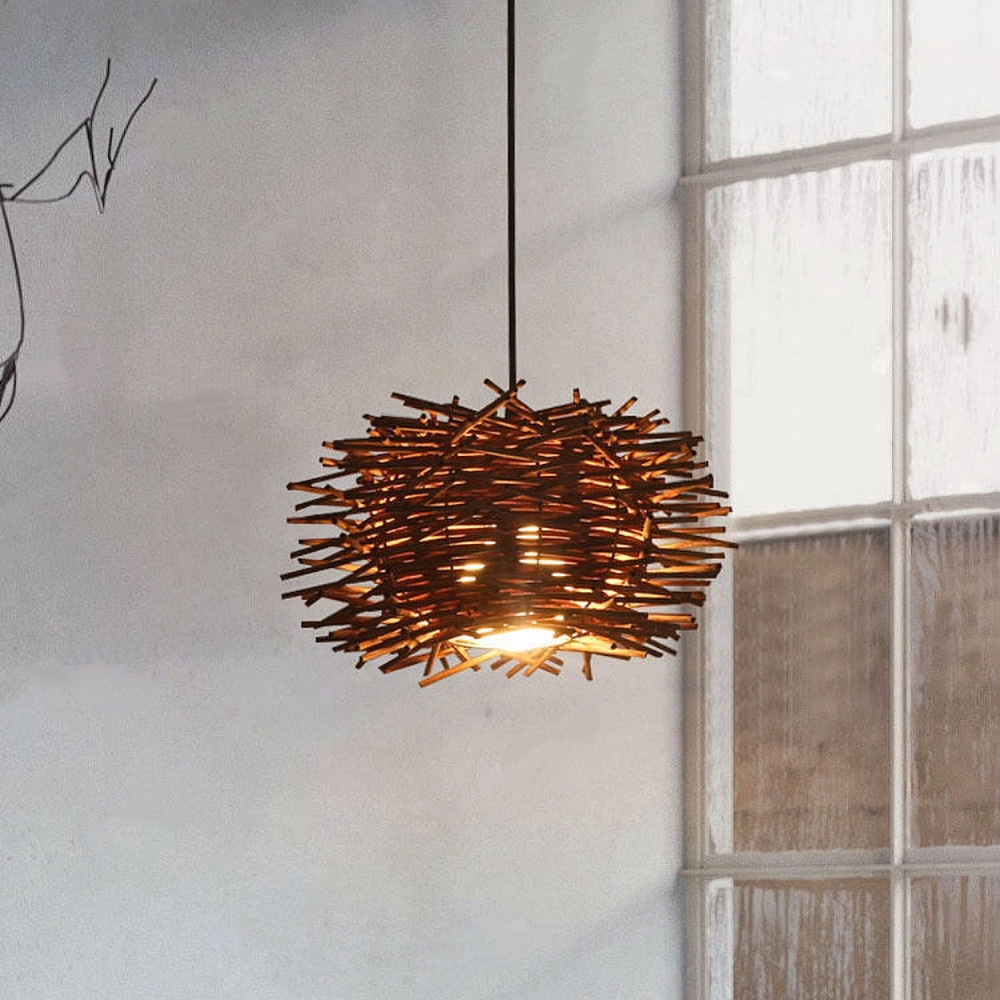 Artisanal Twig Weave Sphere Pendant Rustic Natural Glow