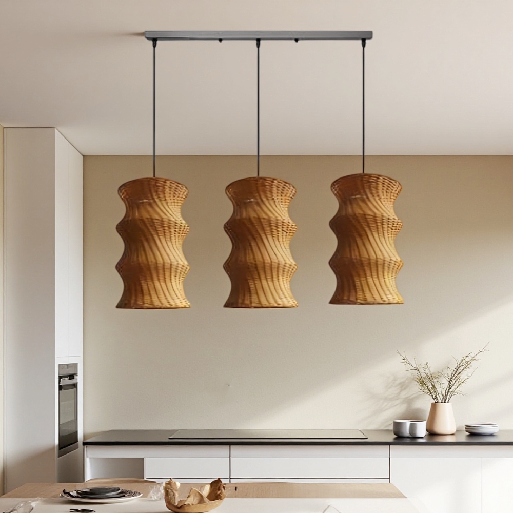 Artisanal Wabi-Sabi Rattan Wavy Column Pendant Light