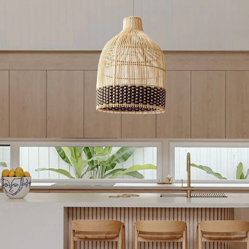 Hand Woven Black Rattan Pendant Lamp Shades Dining Room New Light Fixture