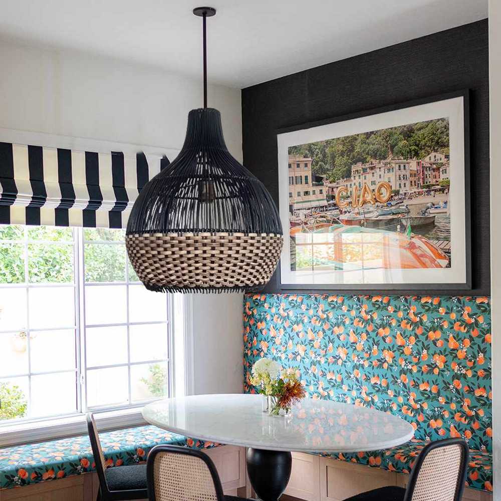 Black Rattan Wicker Chandelier For Kitchen Island Dining Room Living Room Woven Pendant Light Fixture