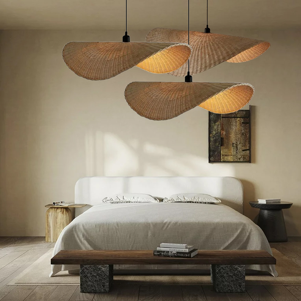 Japanese Rattan Light Pendant Wabi-sabi Retro Straw Hat Chandelier