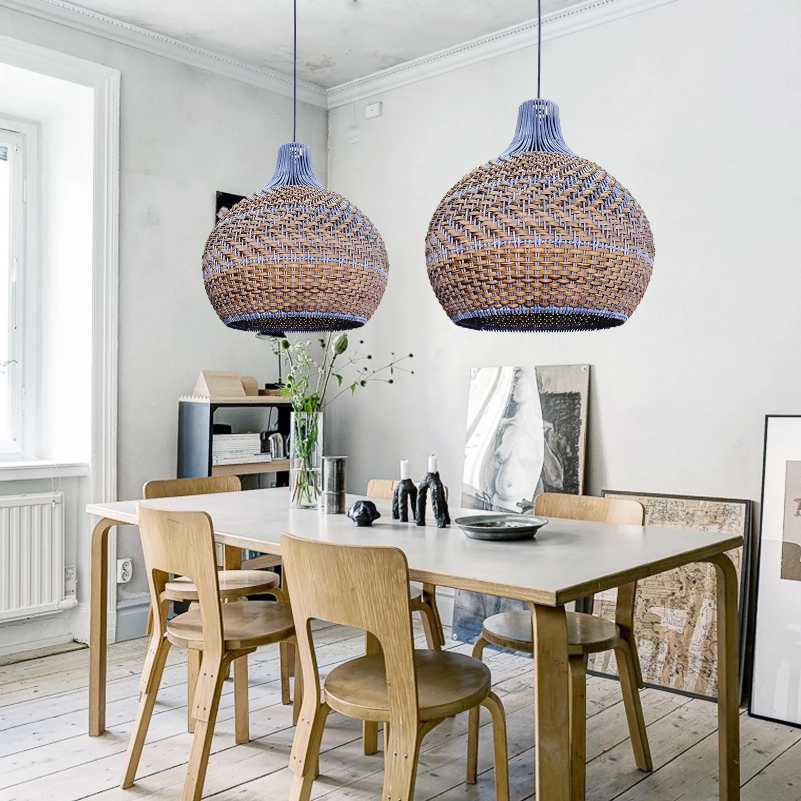 Blue Rattan Dome Pendant Lights For Kitchen Island