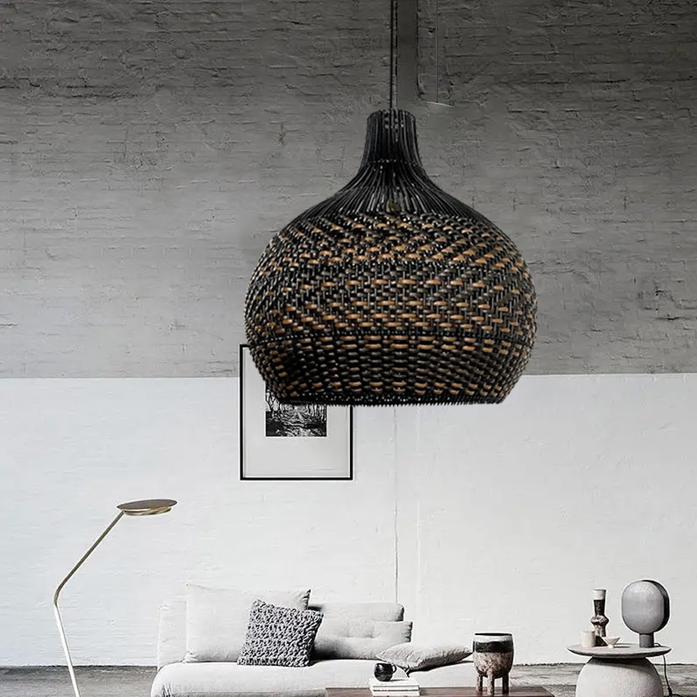 Royal Noble Black Rattan Pendant Light Fixture Dining Room Lampshade