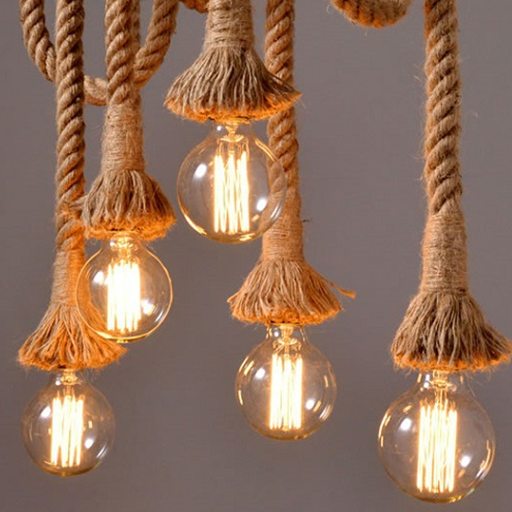 American Retro Bamboo Tube Hemp Rope Chandelier Creative Pendant Light