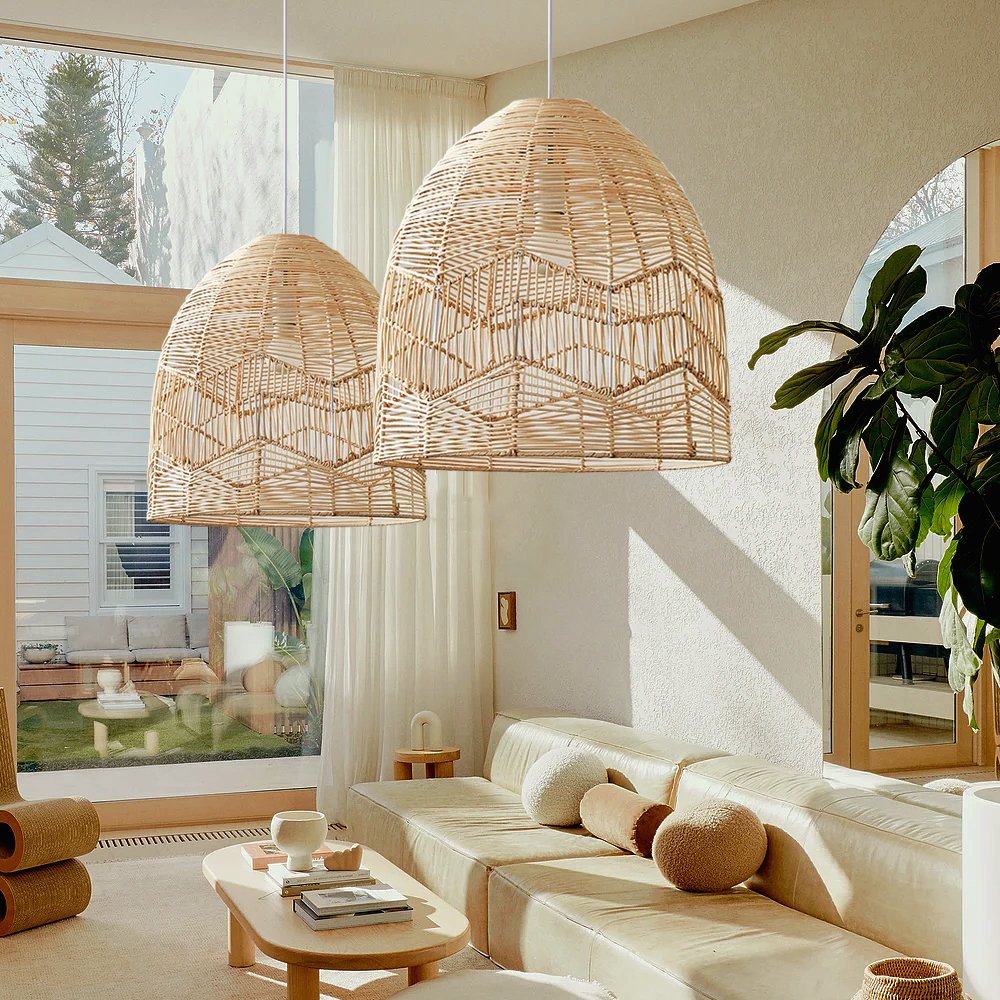 Boho ceiling light fixture farmhouse natural hand woven rattan pendant lamp shade