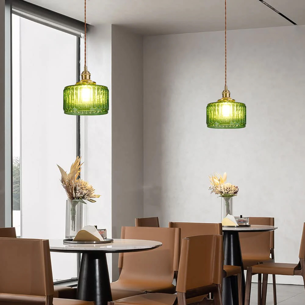 Classic Vintage Green Glass Pendant Light Cylinder Wavy Small Light Fixture