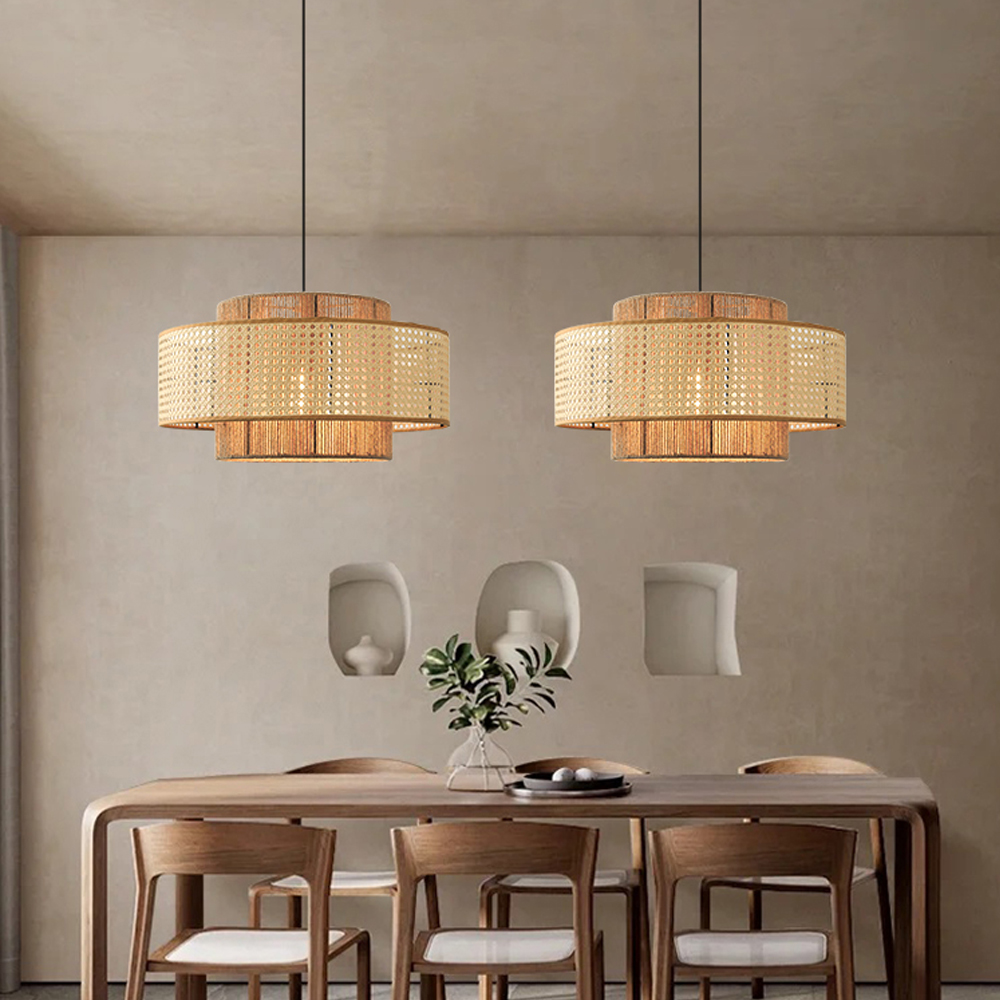Commercial Restaurant Rattan Pendant Light Fixture Wabi-sabi Rope Woven Lantern Chandelier