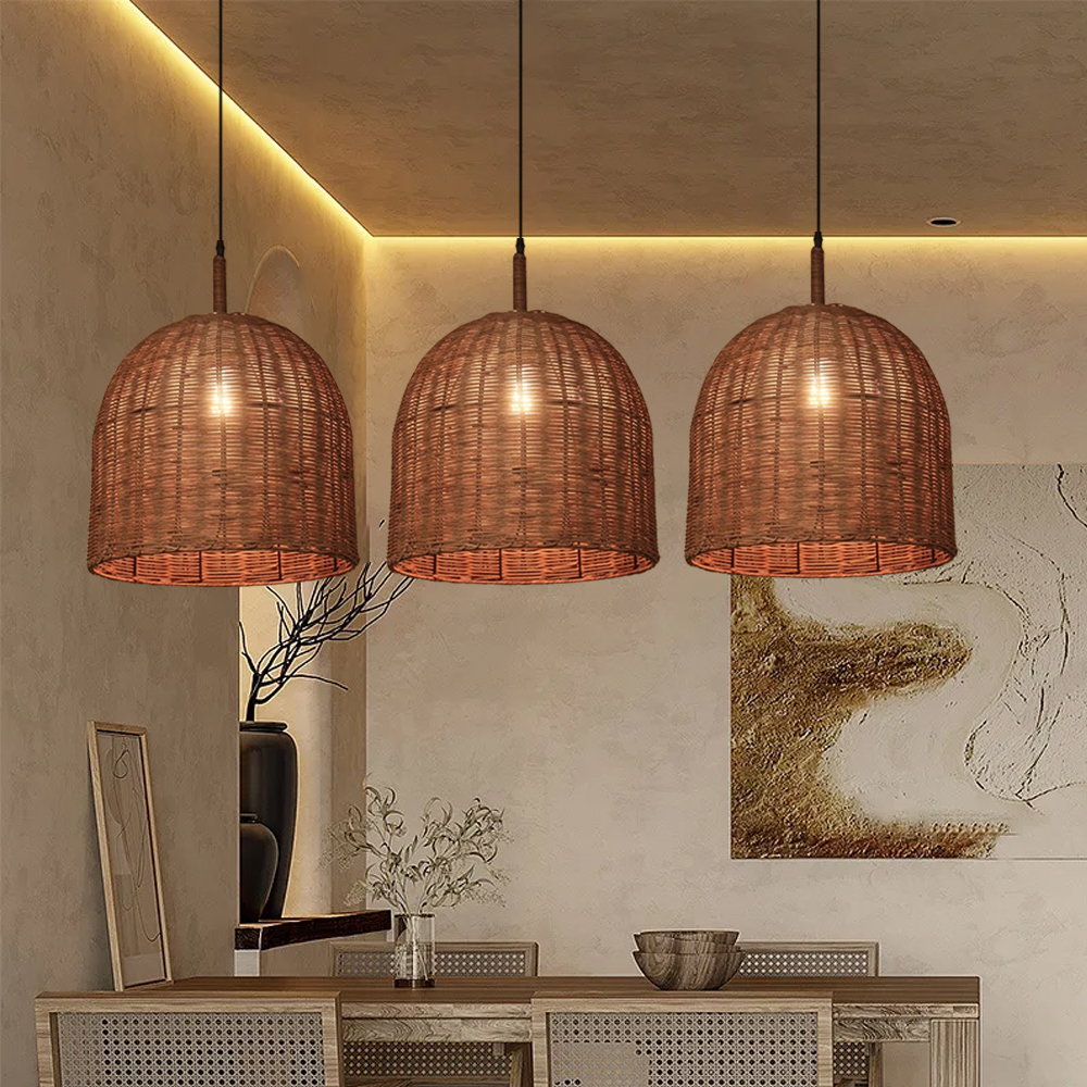 Wabi Sabi Style Dark Rattan Lampshade Retro Pastoral Restaurant Hand-woven Pendant Light