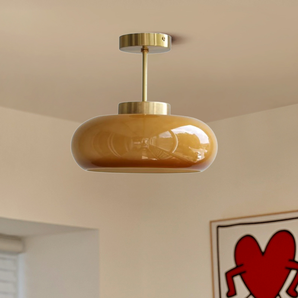 French Retro Hallway Brass Ceiling Light Medieval Restaurant Flush Mount Glass Lamp