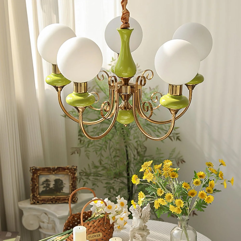 French Pastoral Fruit Green Glass Pendant Lamp B&B Retro Living Room Chandelier