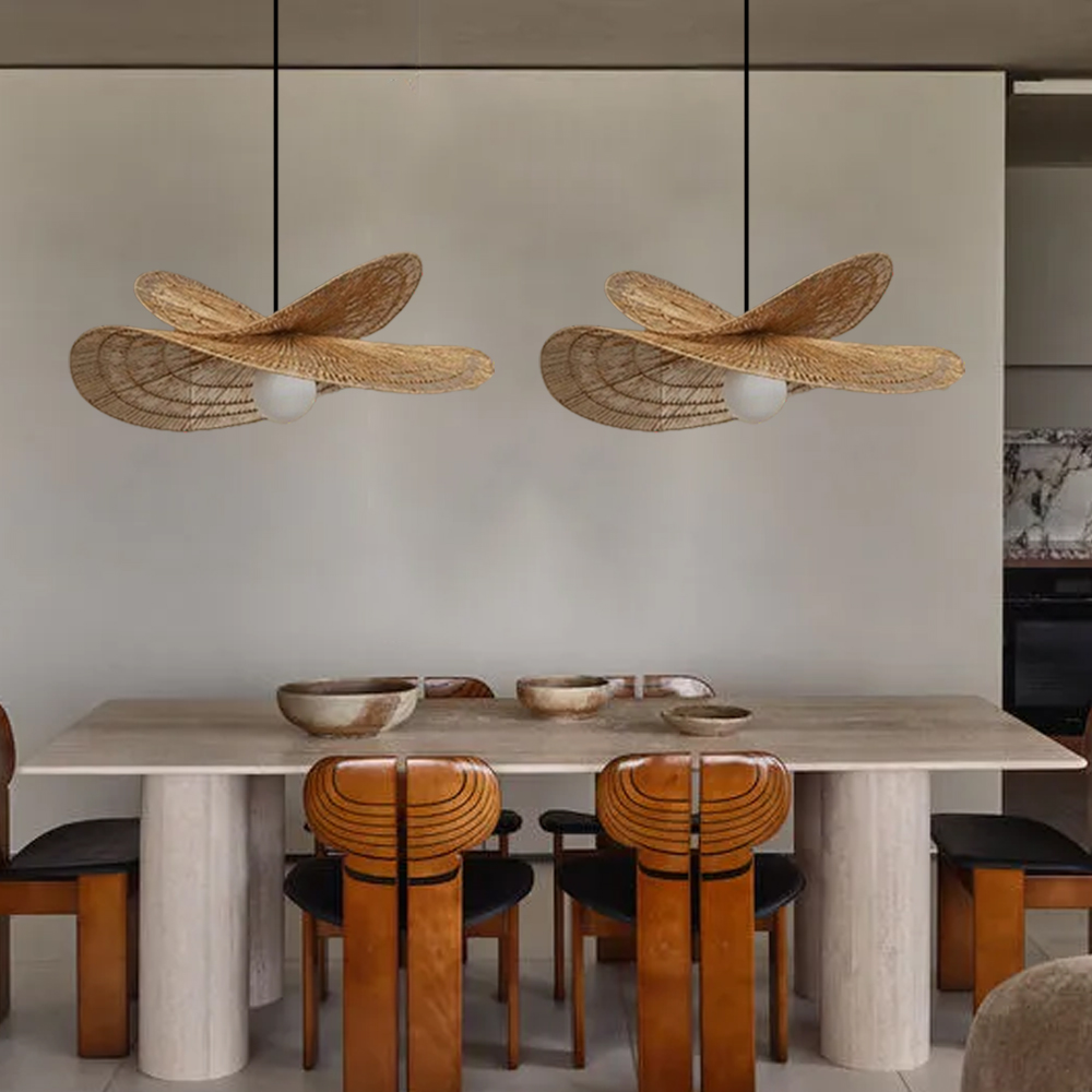 New Chinese Style Retro Rattan Art Double Layered Straw Hat Pendant Light